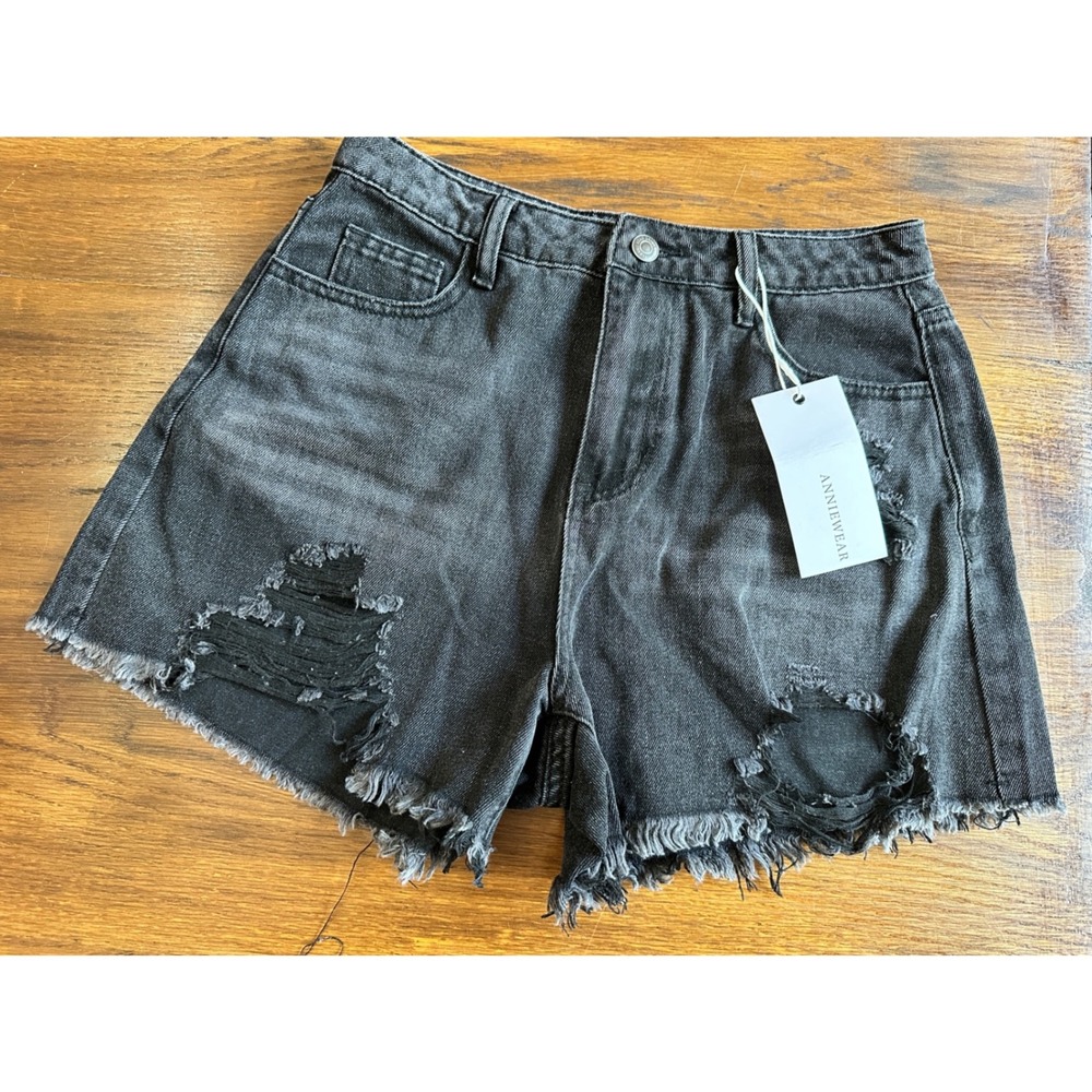 AnnieWear Denim Black Distressed High Waisted Cut Off Jean Shorts Small NWT
